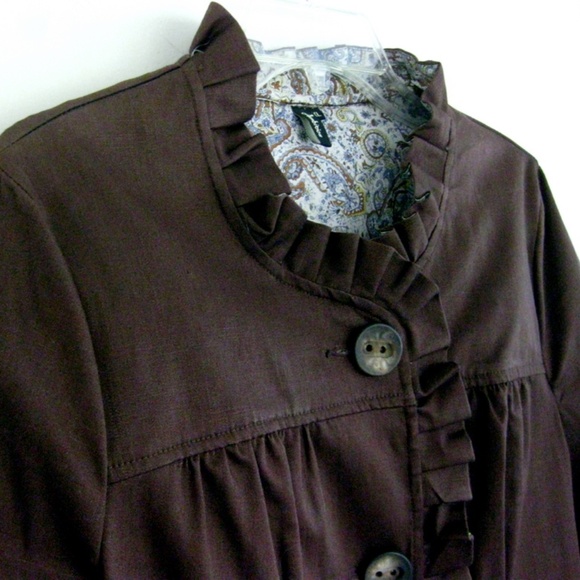 NWT Ruffled shirt jacket XL Cotton bl Brown Paisley Pockets Buttons Fall Swing - Picture 4 of 7